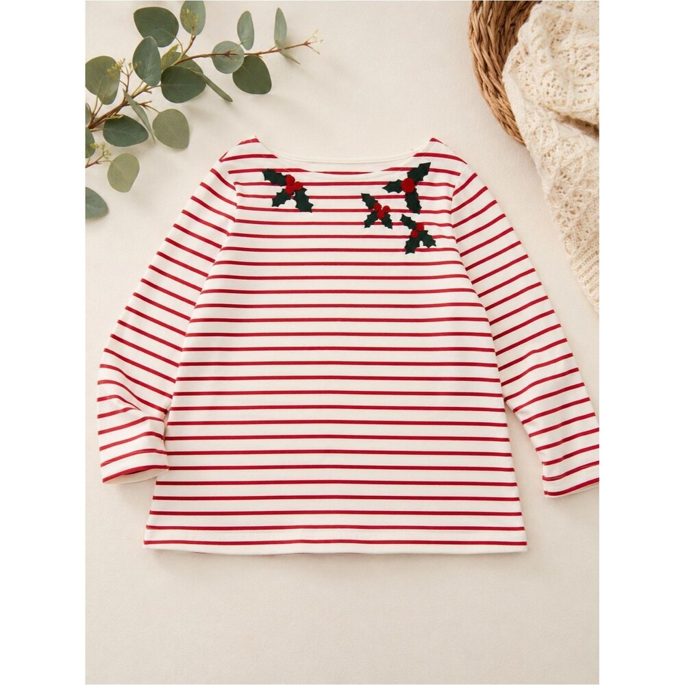 Talbots Red & White Striped Long-Sleeve Tee with Green Holly Appliqué